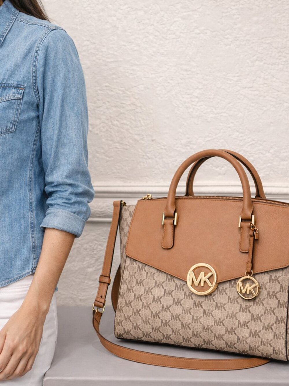 Michael Kors Charlotte MK Signature Satchel Large Brown Tan Crossbody Bag